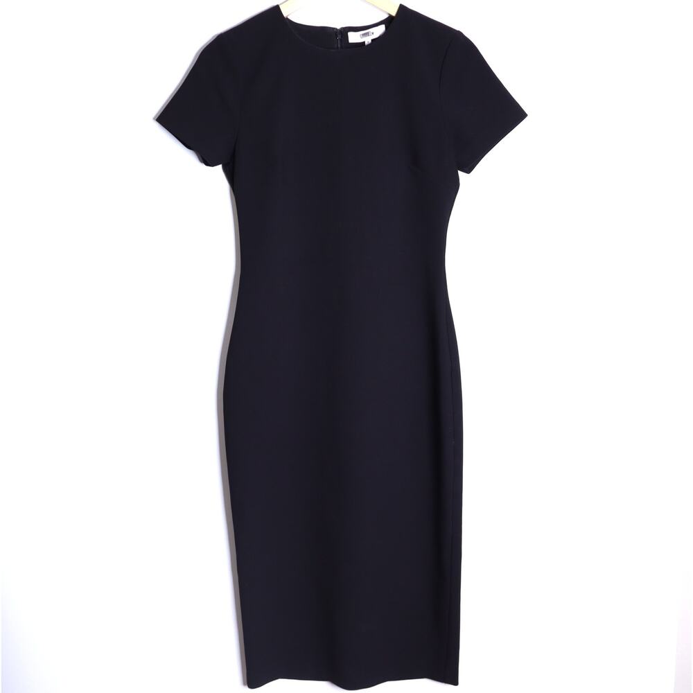 MILLY Short Sleeve Midi Sheath Dress Black Fitted High Neck Women's 4